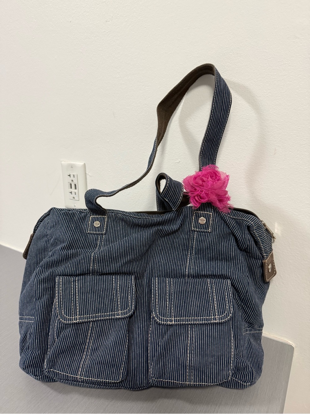 Thirty-One Blue Pinstripe Utility Tote Weekender Travel Diaper Bag